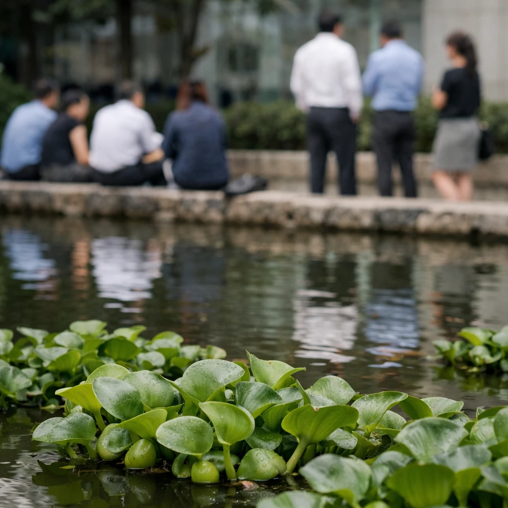 水辺に浮かぶホテイアオイの葉越しに背景の会社員たちがぼんやり見える写真。