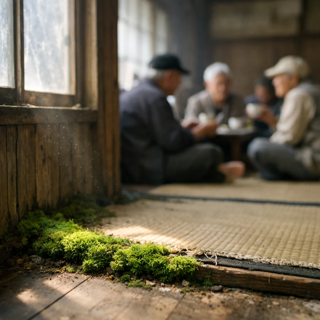 古民家の公民館内、日差しが差し込む床の隅に苔が生え、奥では高齢者たちがお茶を囲んで談笑している様子。