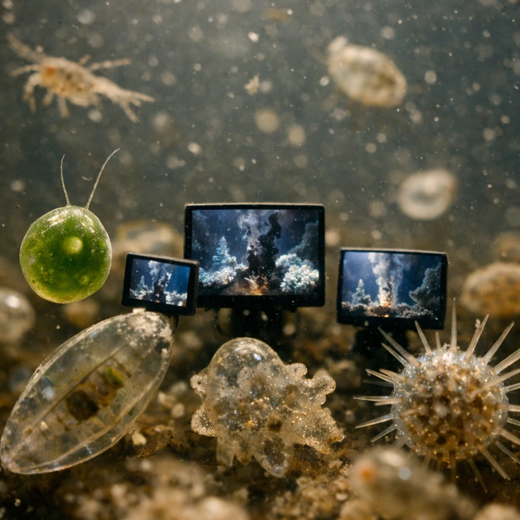 太陽光が差し込む海中で様々な植物プランクトンが小さなスクリーンに集まり、深海生物のライブ映像を眺めている様子の写真。