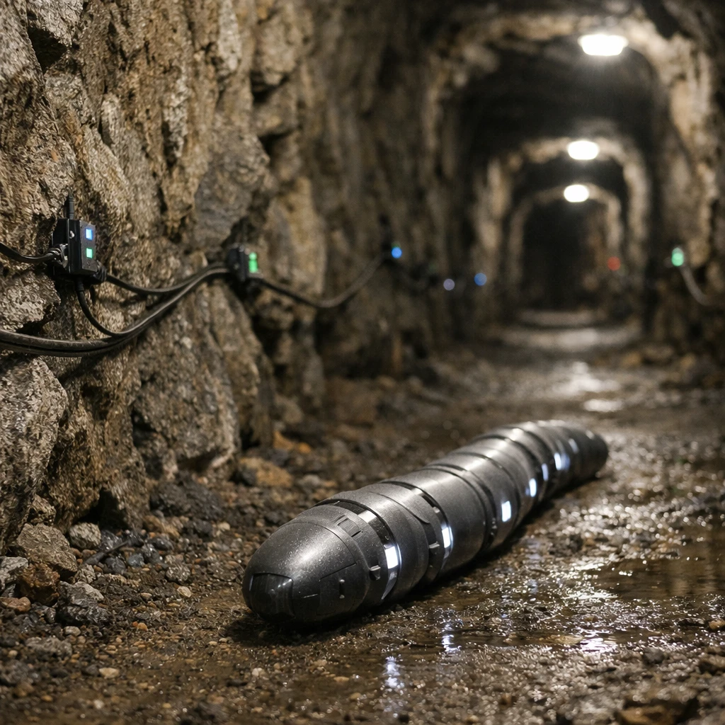 地下トンネル内の岩石の壁にセンサーやケーブルが取り付けられ、ミミズ型の自動運転ロボットが移動している様子の写真。