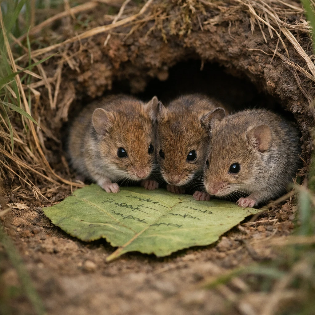 草原の巣穴の入り口で三匹の野ネズミが葉っぱを囲んでいる様子の写真です。