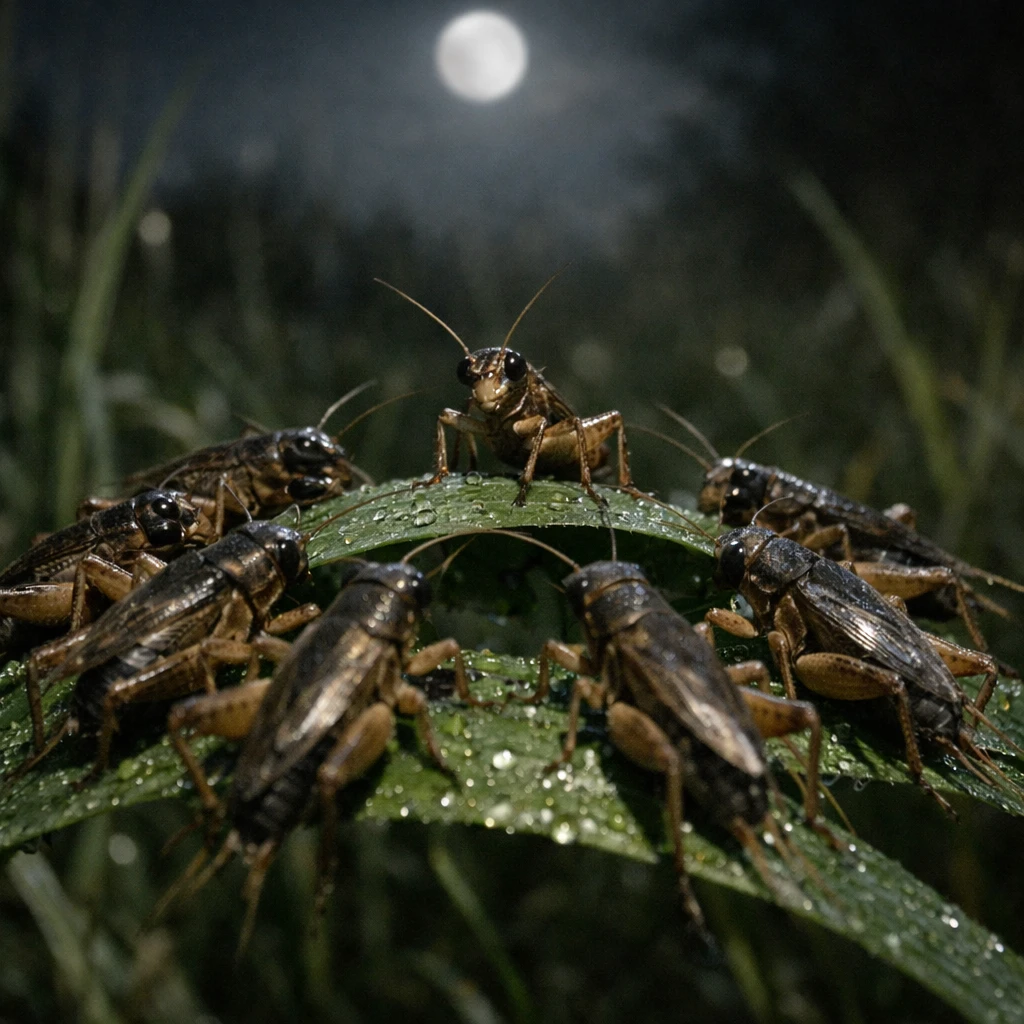 夜の草むらで数匹のコオロギが円を作るように集まり、1匹がリーダーのように少し高い位置にいる様子の写真。