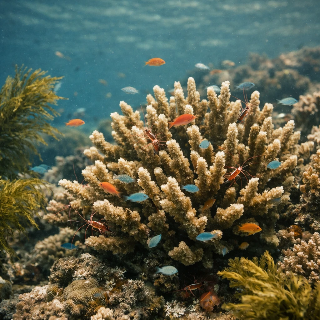 サンゴ礁の枝の間で小魚やエビが集い、海草が柔らかく流れる海中の様子。