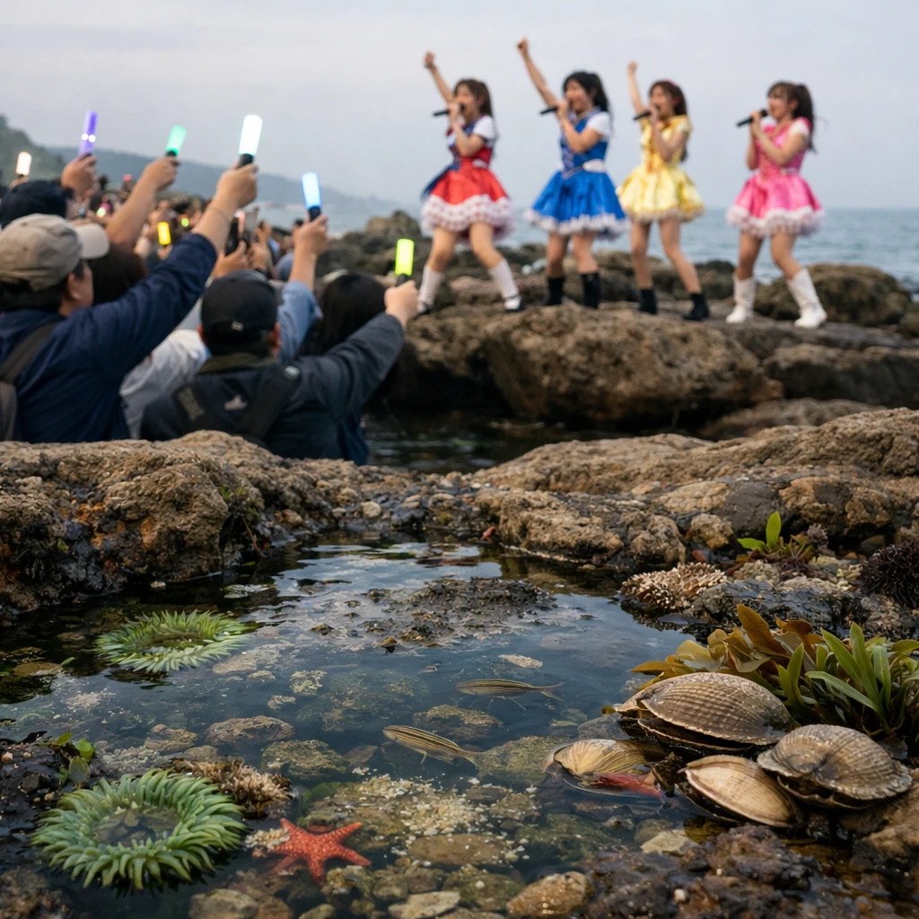 干潮の岩場でアイドルのライブを楽しむ人間と、潮だまりに集まる海の生き物たちが共存する様子の写真。