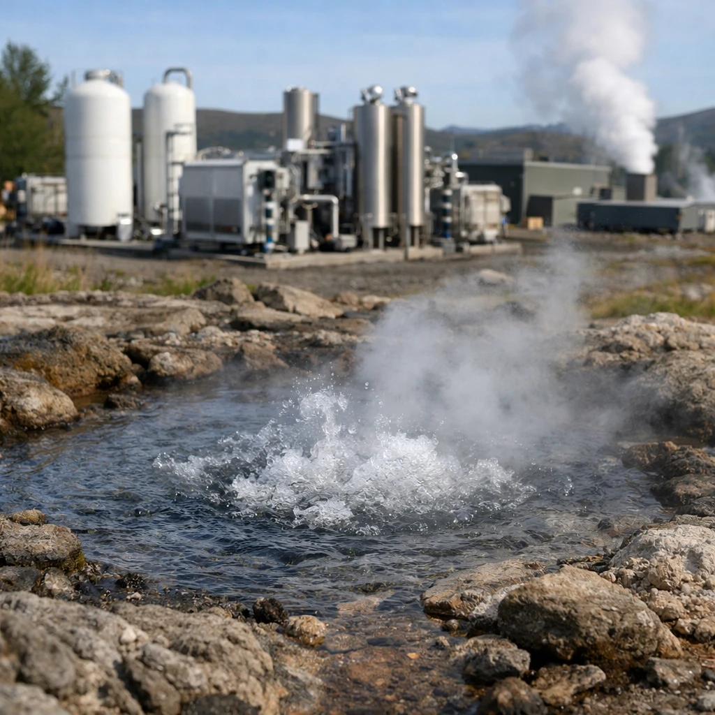 地熱噴出孔から蒸気と泡が立ち上り、奥に水素ガス抽出設備と地熱発電所が見える風景の写真です。