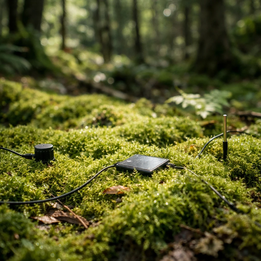 森の中で苔に覆われた地表にかすかな日差しと人類のセンサー機器が見える風景写真。