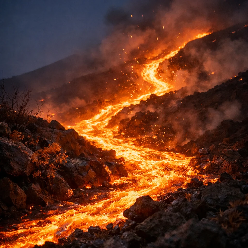 夜の火山斜面を灼熱の溶岩が流れ降り、周囲の岩や草木を赤く照らしている現実的な写真。