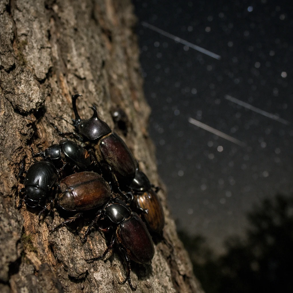 夜の樹の幹に集まるカブトムシたちと、その上空を横切る人工衛星の光跡が見える写真。