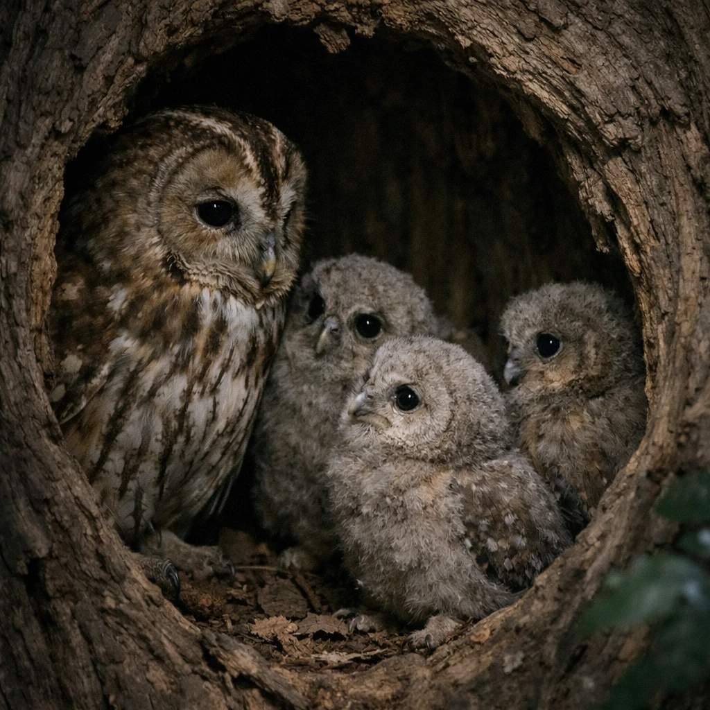 月明かりの下、大きな木のウロで寄り添うフクロウ一家の様子。