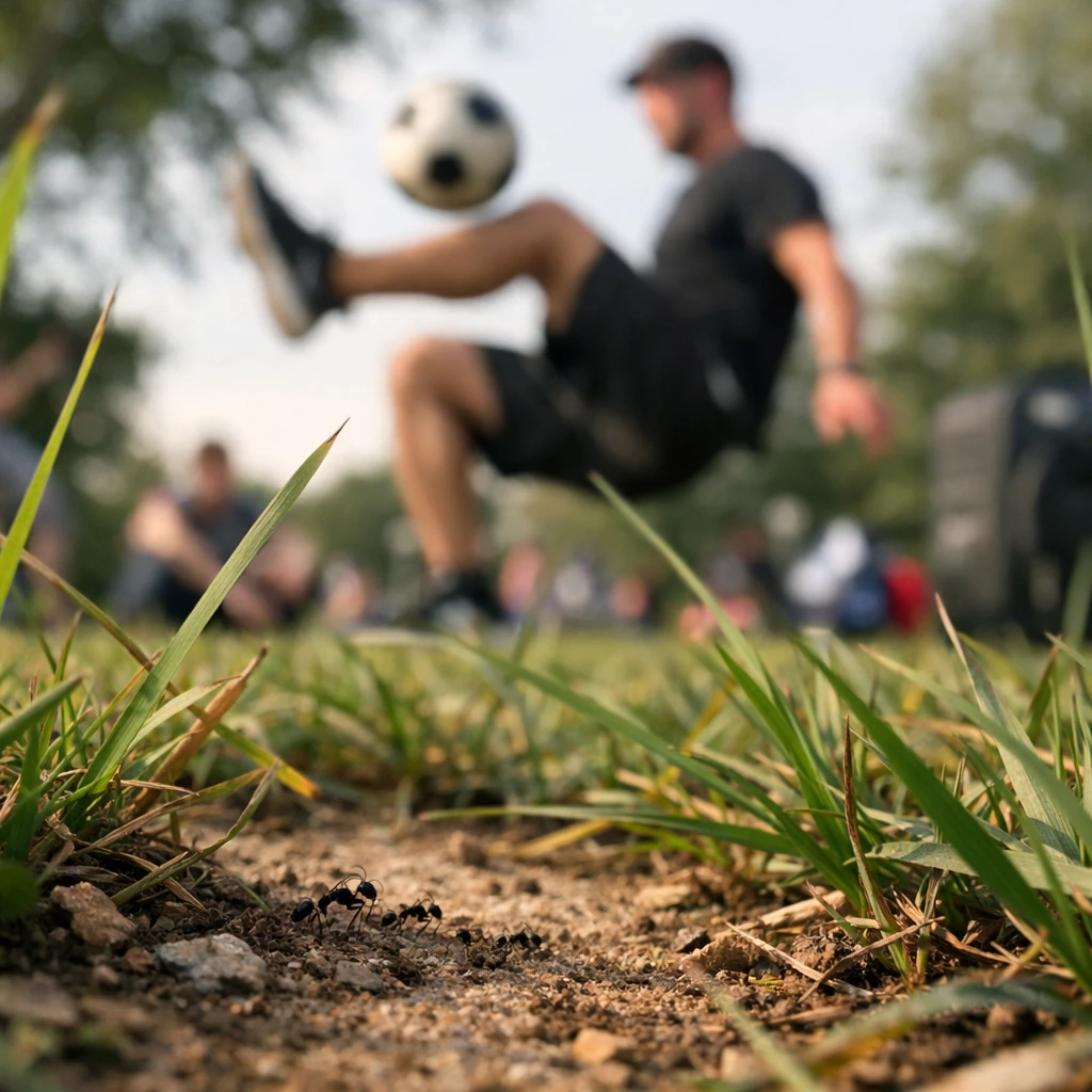 芝生の間からアリの目線でサッカーボールの妙技を披露する人間を見上げている写真。