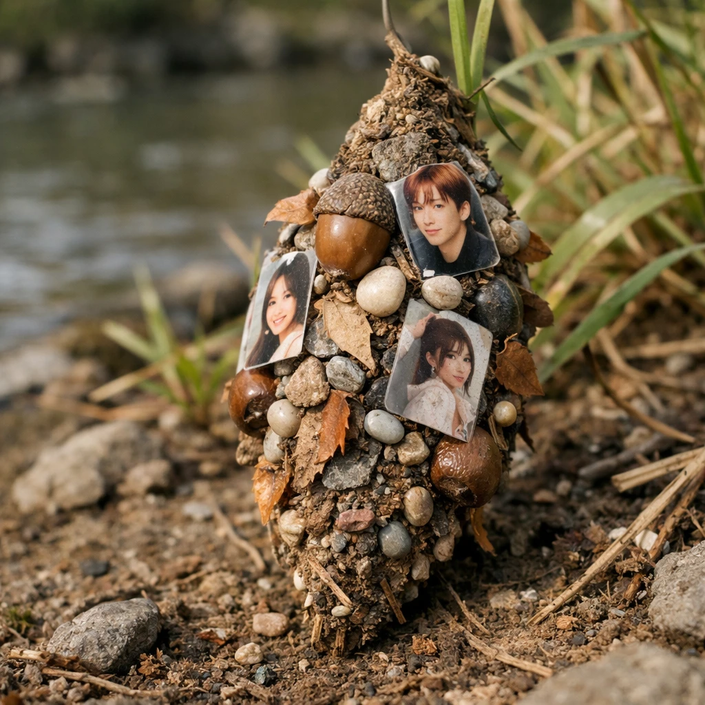 河川敷の草むらにある巣に、アイドルのフォトカードやドングリ、葉、小石が飾り付けられている様子。