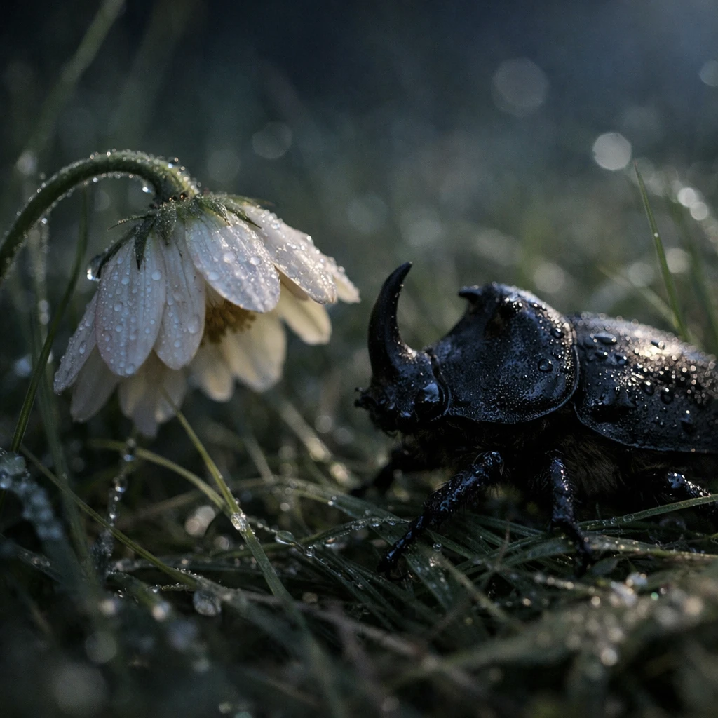 夜の草原で地味な花がカブトムシに花びらをそっと伸ばしている様子の写真。