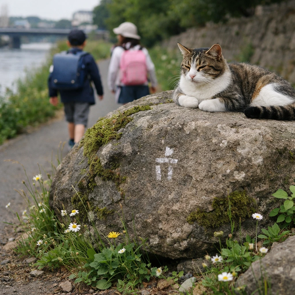 河原の石垣に白い印があり、近くを子どもたちが歩き、石の上で猫がくつろいでいる様子の写真。