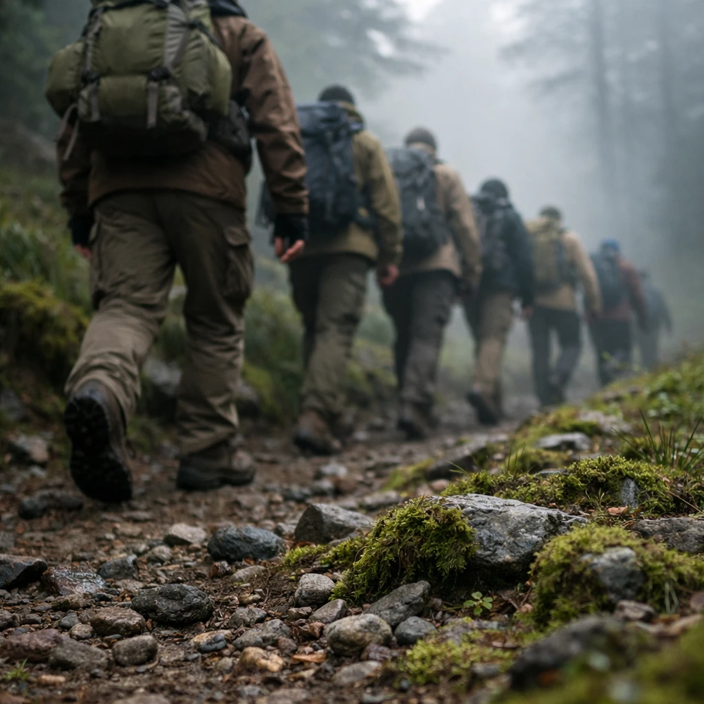 朝靄の中、アースカラーの服を着た登山者たちが苔むした登山道を一列で歩いている様子。