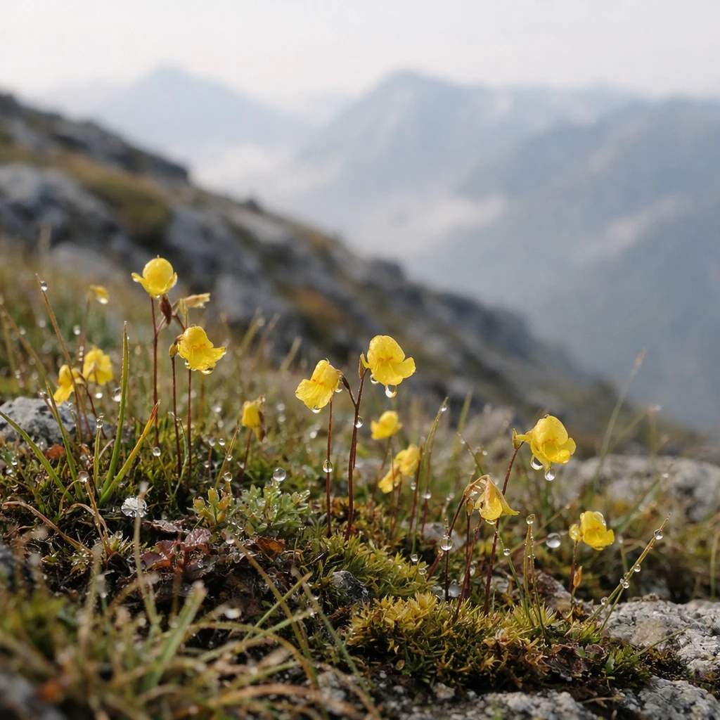 朝露に濡れた高山稜線でヤマトタヌキモの黄色い花が咲く様子を接写で捉えた写真。