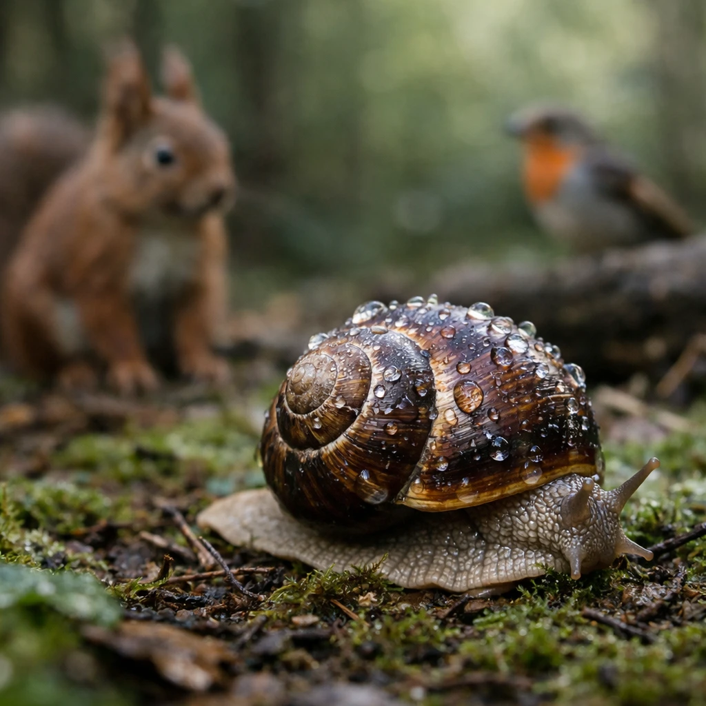 苔むした森の地面でカタツムリが独特な殻を目立たせて静かにとどまり、背景にはリスや小鳥がぼんやりと見守っている写真。