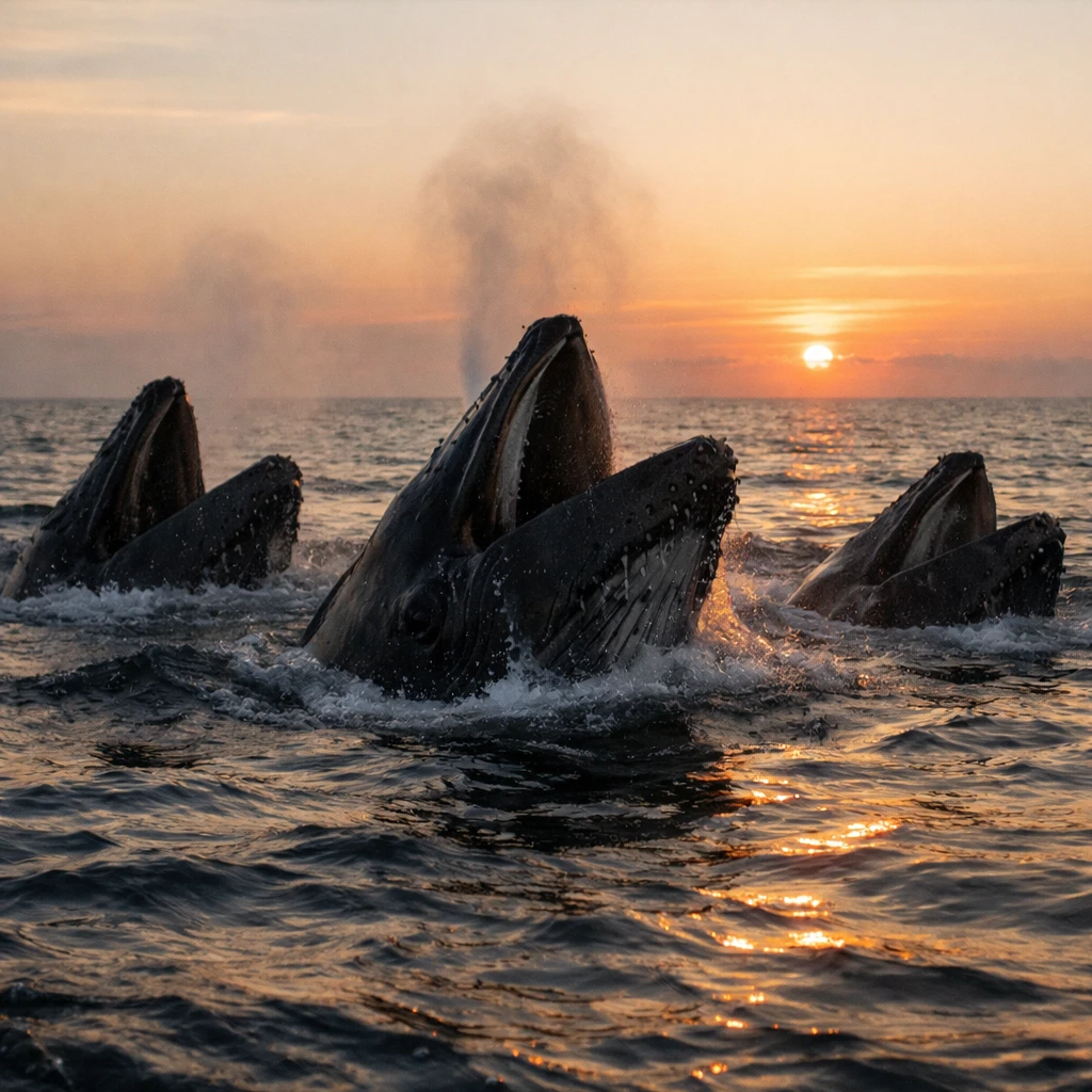 夕日が海に沈む中、複数のザトウクジラが水面近くで歌っている様子のリアルな写真。