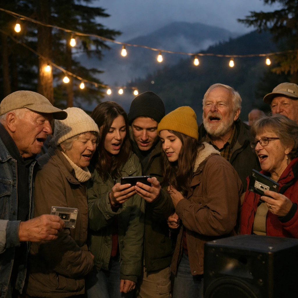 夜の山の斜面で照明の下、年配の人と若者たちが一緒に歌っている様子の写真。