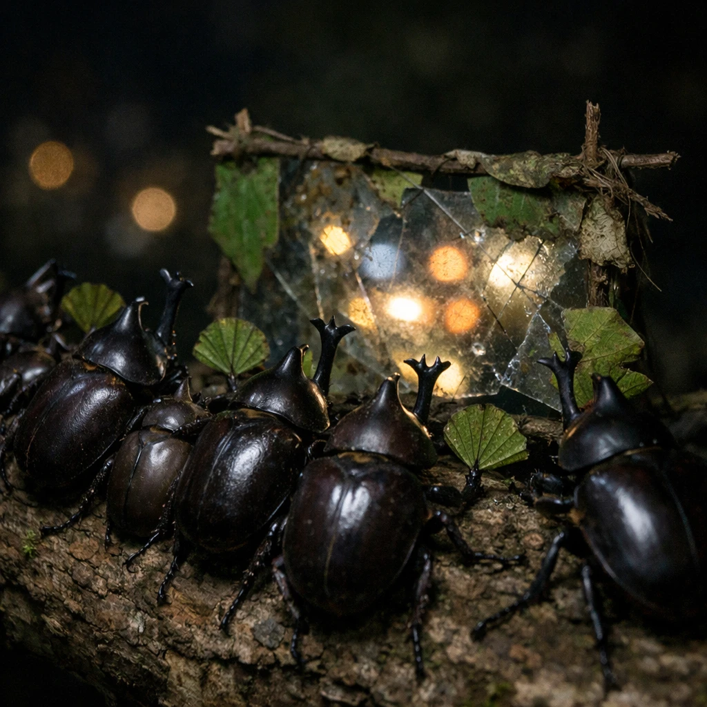 夜の森で木の枝に集まったカブトムシたちが、落ち葉とガラス片のスクリーンを見つめている写真。
