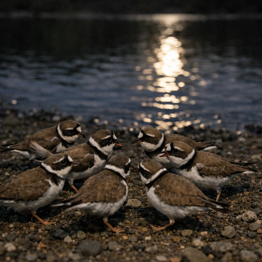 夜の池の砂利浜に集まるハジロコチドリたちが月の映る水面を背に議論している実写風の様子。