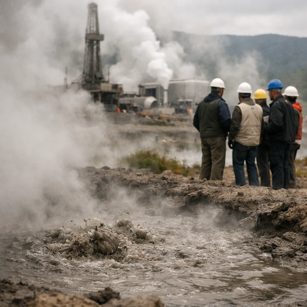 温泉地帯の手前に泥が泡立つ中、奥で蒸気が立ち上る地熱発電所の建設現場を見守る作業員たちの写真です。