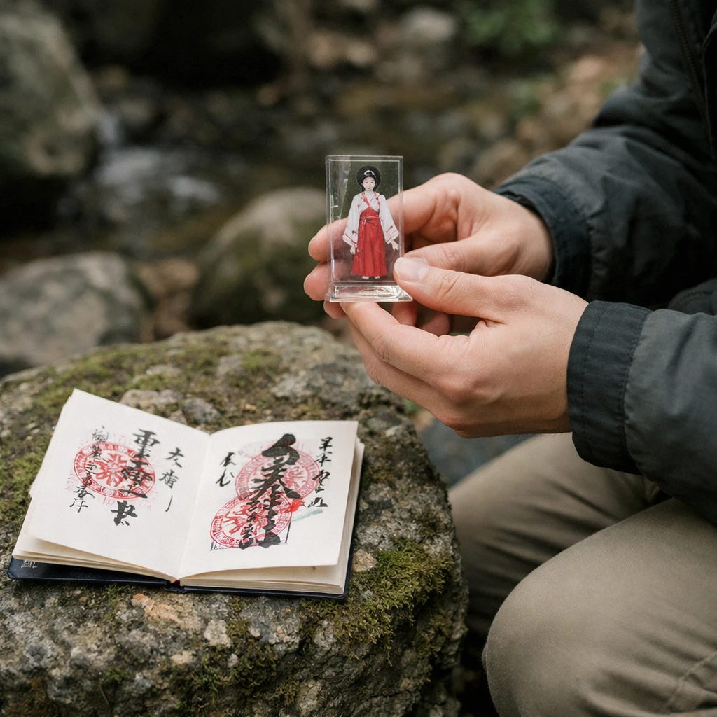 森の中で苔むした石に膝をつき、アクリルスタンドを写真撮影する巡礼者の様子。