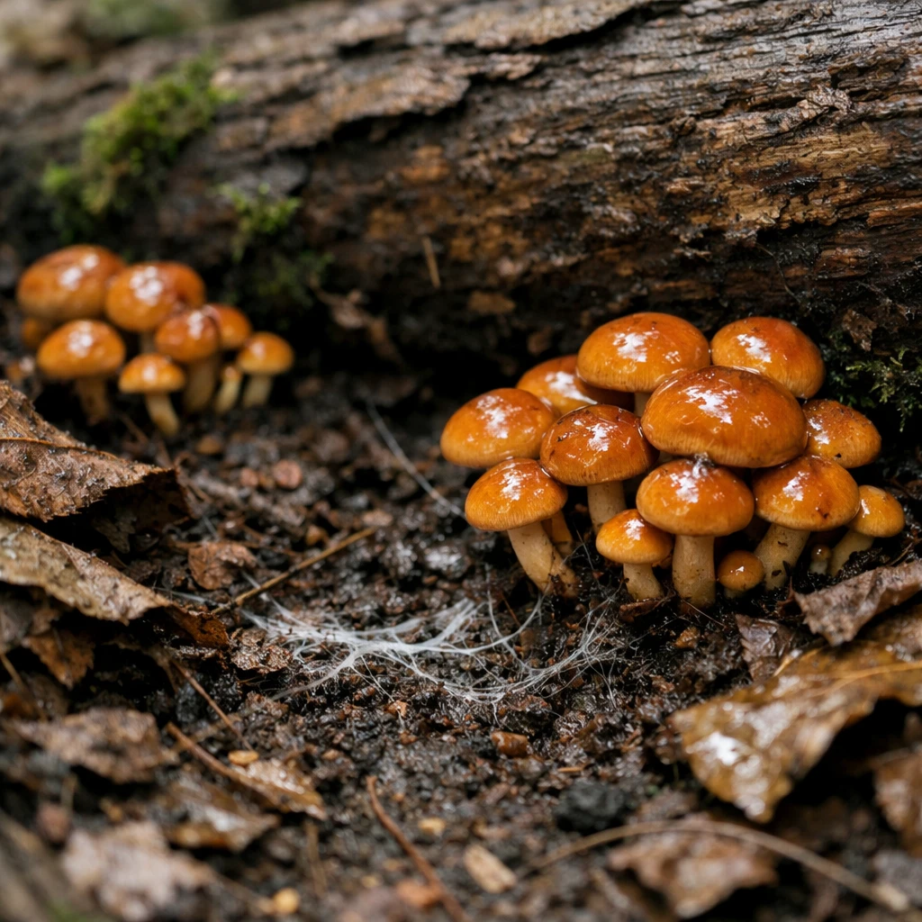 苔に覆われた森の地面に倒木と落ち葉、ヌメリのあるナメコが群生し、白い菌糸が土に広がっている様子のアップ写真。