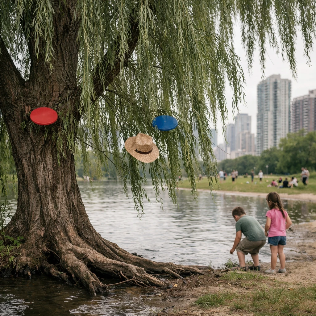 都市公園の川辺に根を張るシダレヤナギが、枝に帽子やフリスビーが引っかかったまま、高層ビルや遊ぶ子供たちを背景に自然な光で撮影されている写真です。