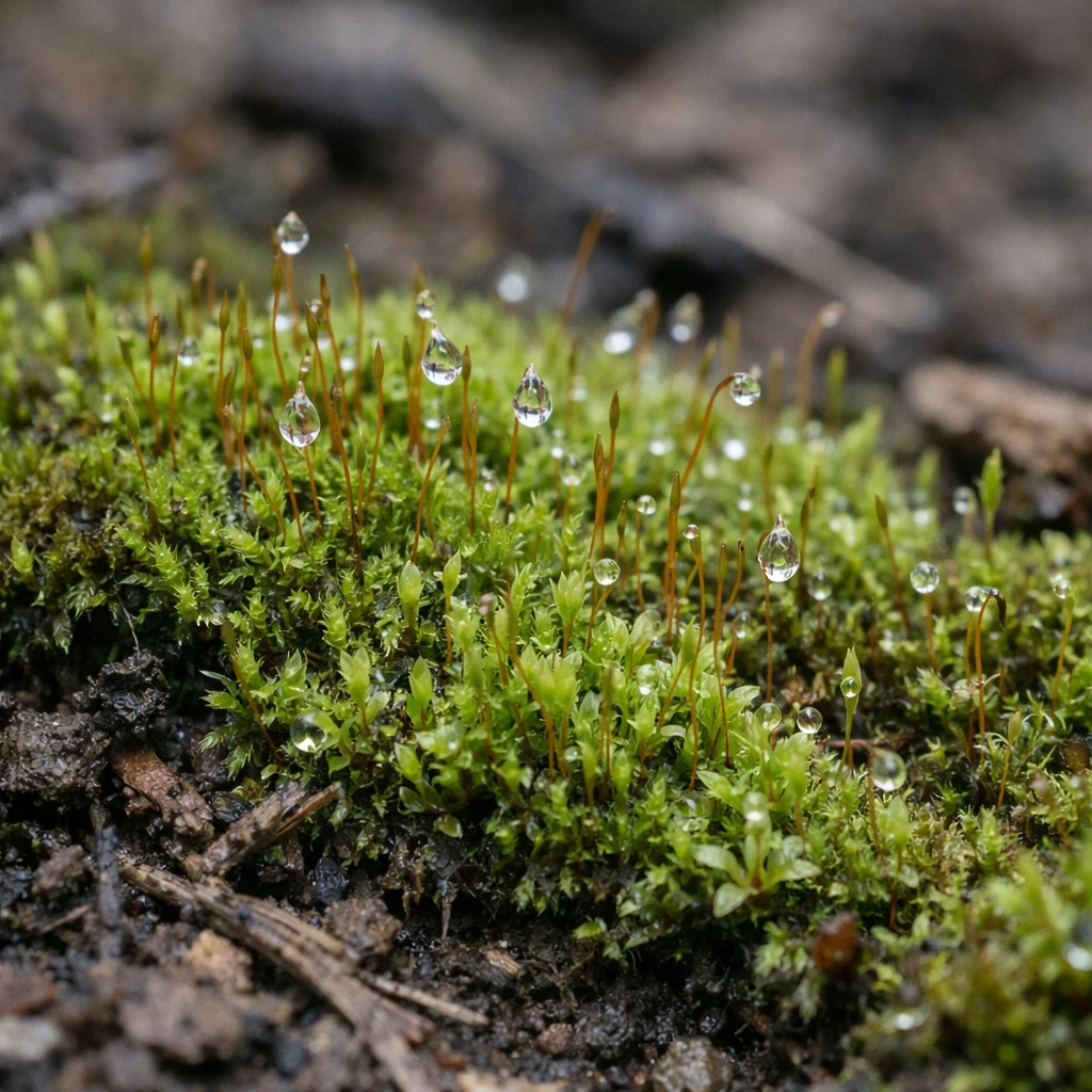 さまざまな大きさの苔が森の土の上でしっとりと寄り添い、朝露がキラキラ光っている写真。