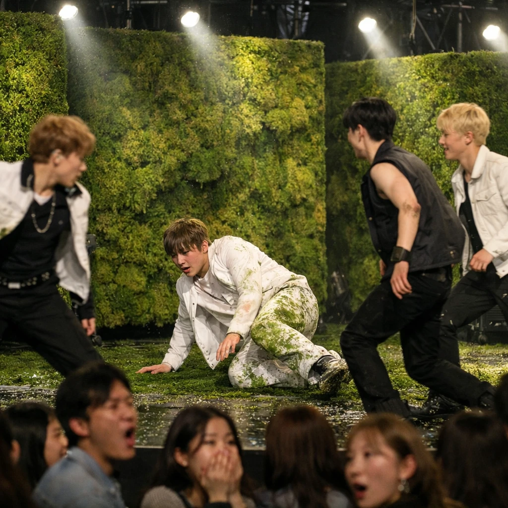 苔で覆われたステージ上でダンス中に滑るK-POPボーイズグループのメンバーと驚く観客の様子を写した写真。