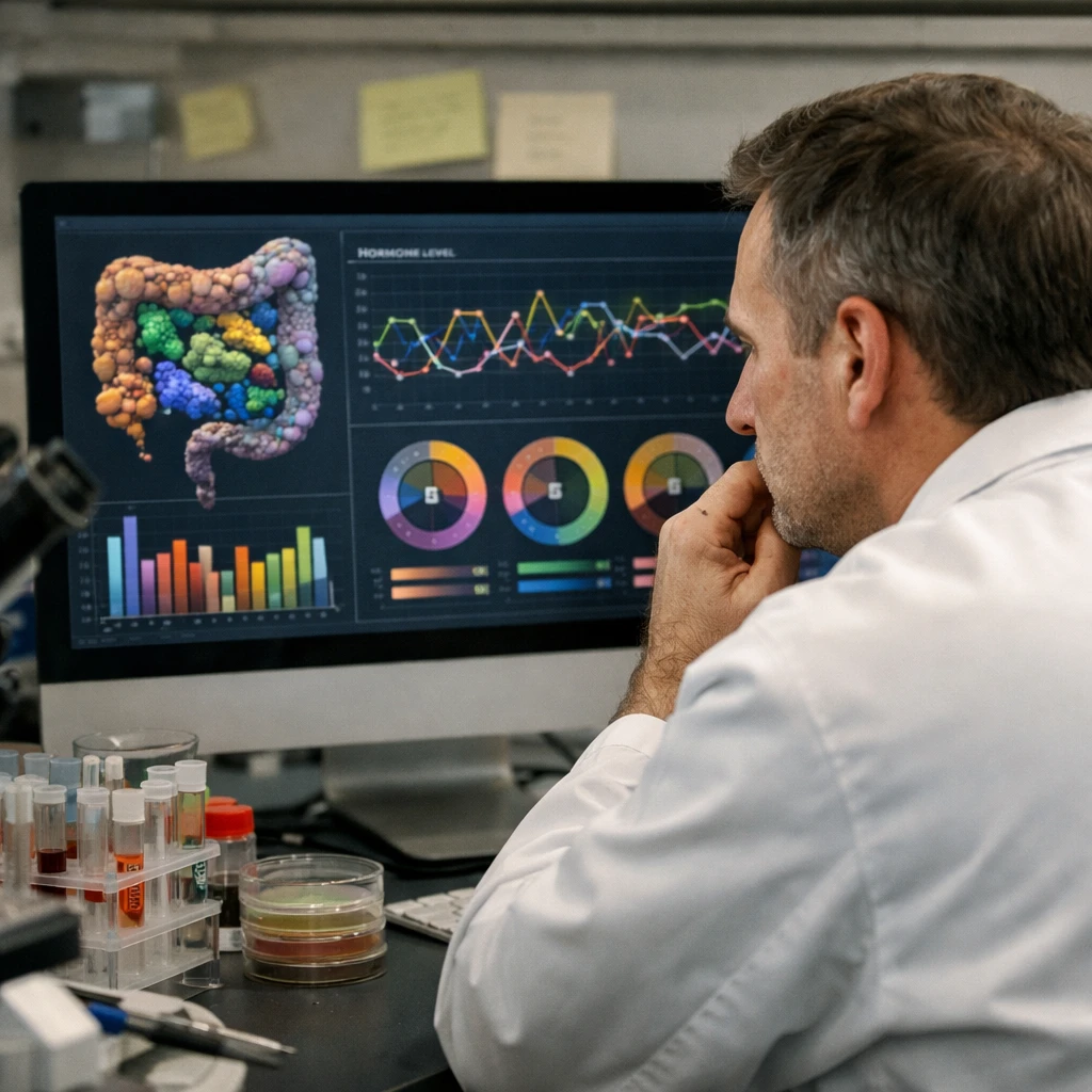 研究室でAIによる腸内細菌データを大型モニターで分析する科学者の実写写真。