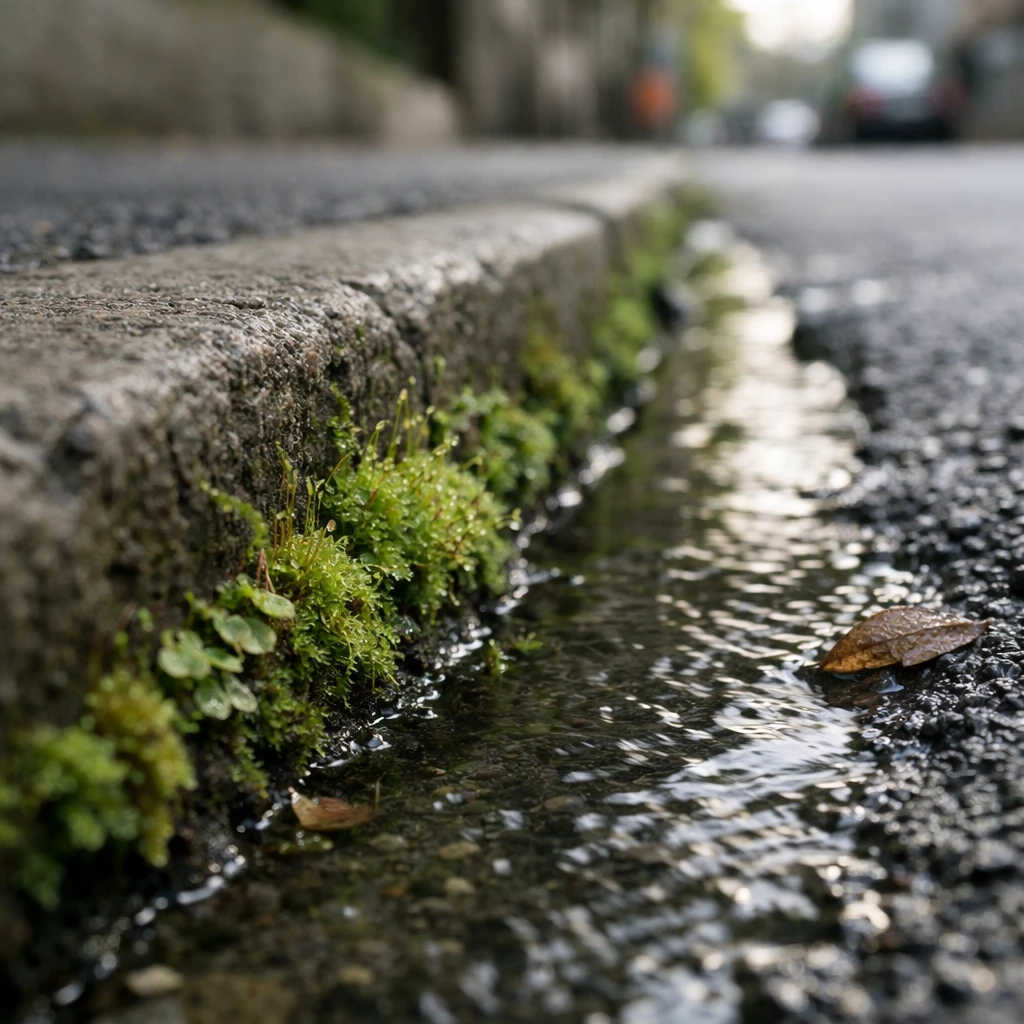都市の排水溝の縁に苔がびっしり広がっている様子をストリートレベルからとらえた現実的な写真。