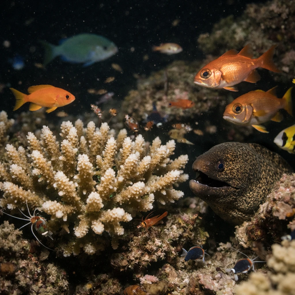 夜のサンゴ礁で多様な魚や生き物が集い、ミドリイシサンゴの触手が揺れる様子を写した写真。