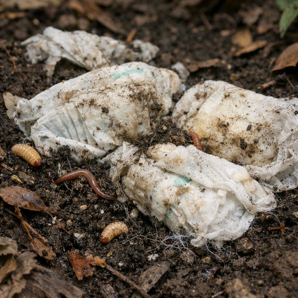 湿った使用済み紙おむつが黒い土に半分埋まり、周りにミミズや昆虫の幼虫、菌糸が見えるクローズアップ写真。