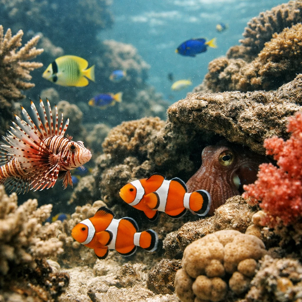 サンゴ礁の迷路でカラフルな熱帯魚たちが泳ぎ、岩陰からタコがそっと様子を見ている水中の一瞬を捉えた写真。