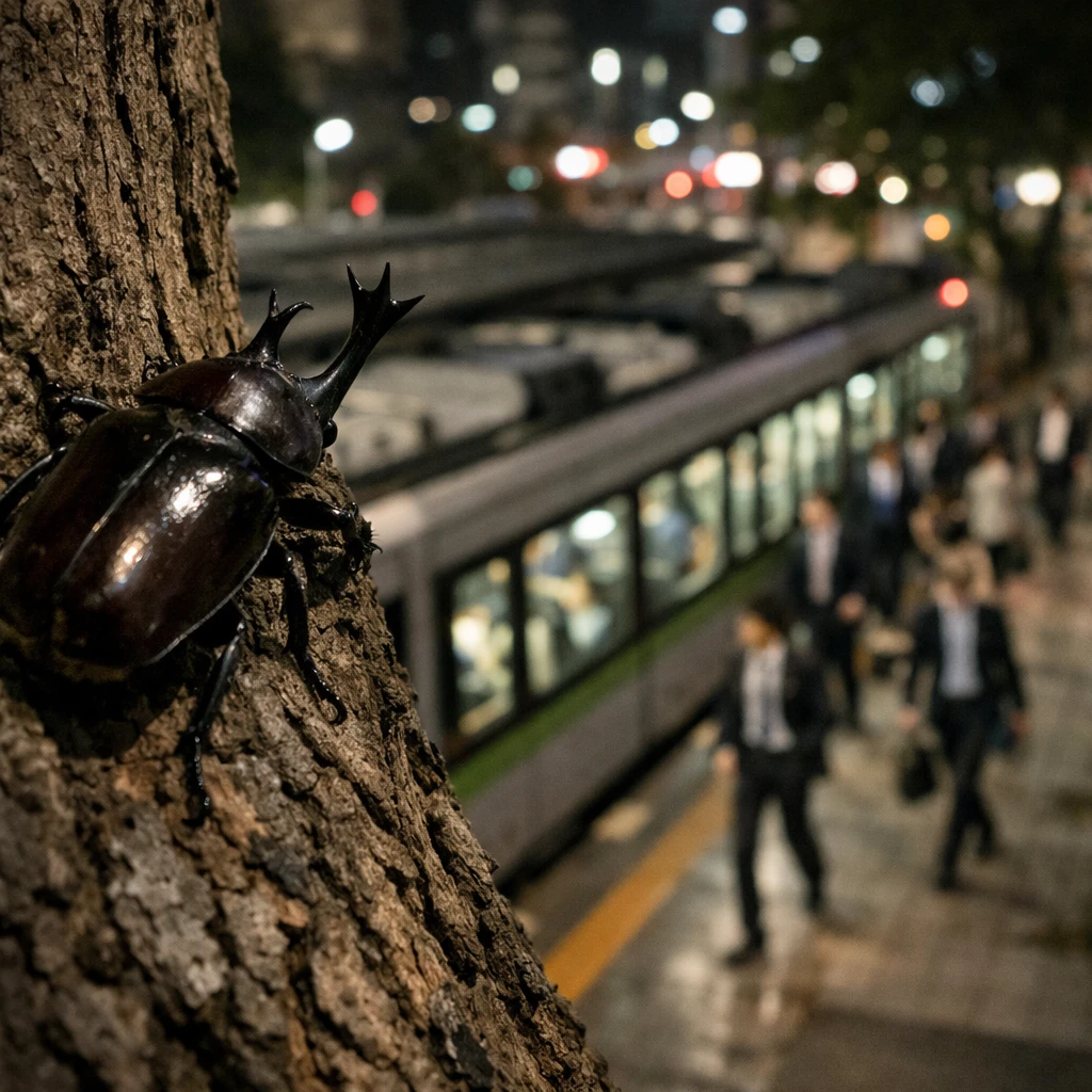 夜の街路樹の樹皮にとまりながら下を見下ろすカブトムシと、背景には明るく走るLRTトラムと急ぐスーツ姿の通勤客たちがぼんやり写っている写真。