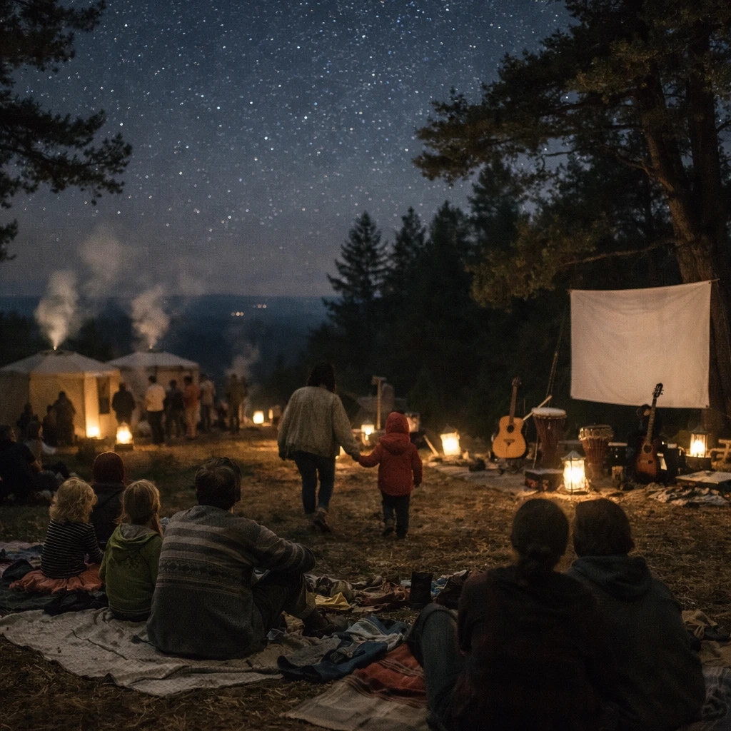 星空の下、森の丘の上で行われる夜の自然体験イベントに集う人々のドキュメンタリー風写真。
