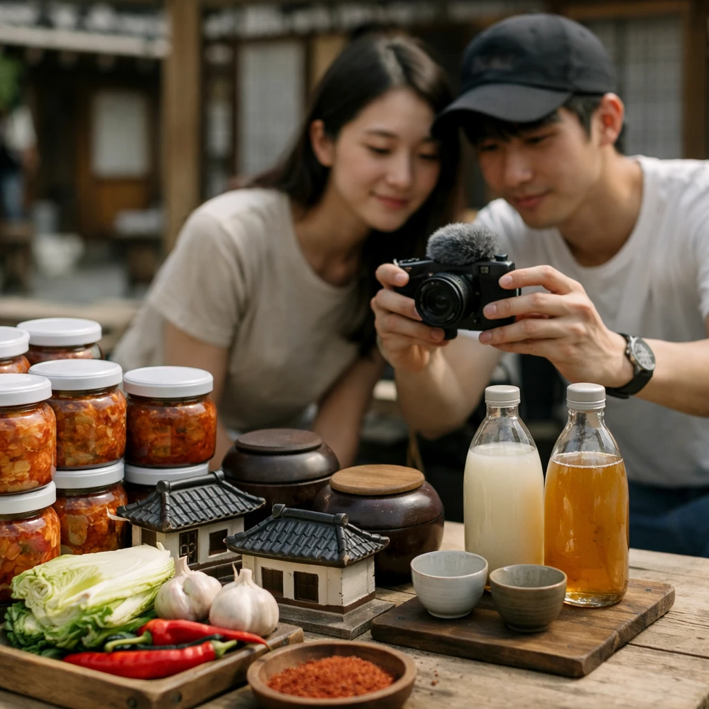 韓国の市場で、ミニマルな雰囲気のキムチ壺や伝統的な飲み物を若者がカメラで撮影している様子の写真。