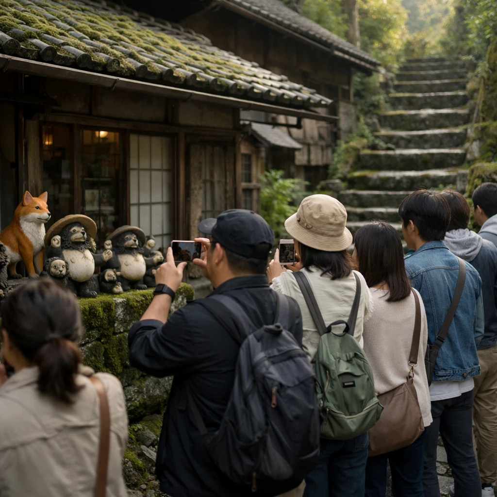 古民家カフェの前で苔むした石段や置物の写真を撮る人々と苔が生えた屋根の様子。