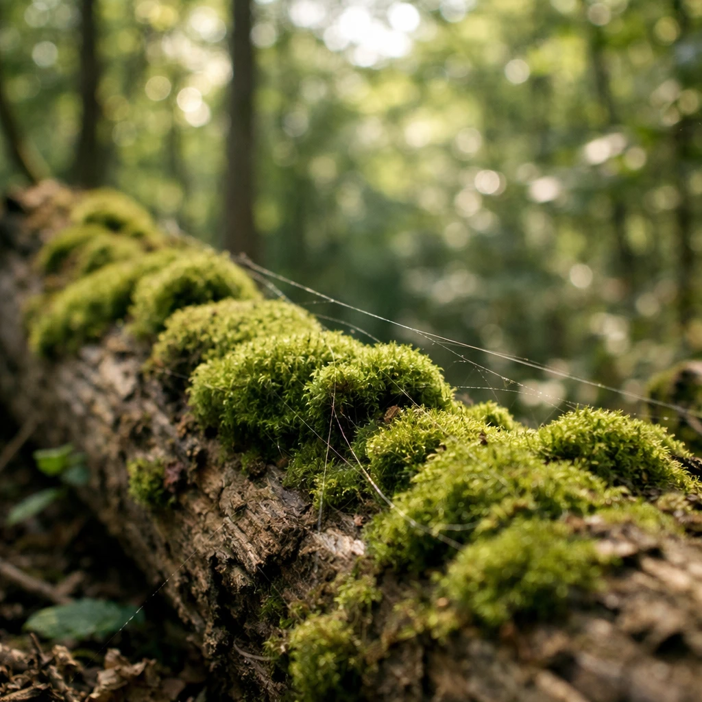 苔が倒木から樹冠に向かって広がる森の中の様子を捉えた現実的な写真です。