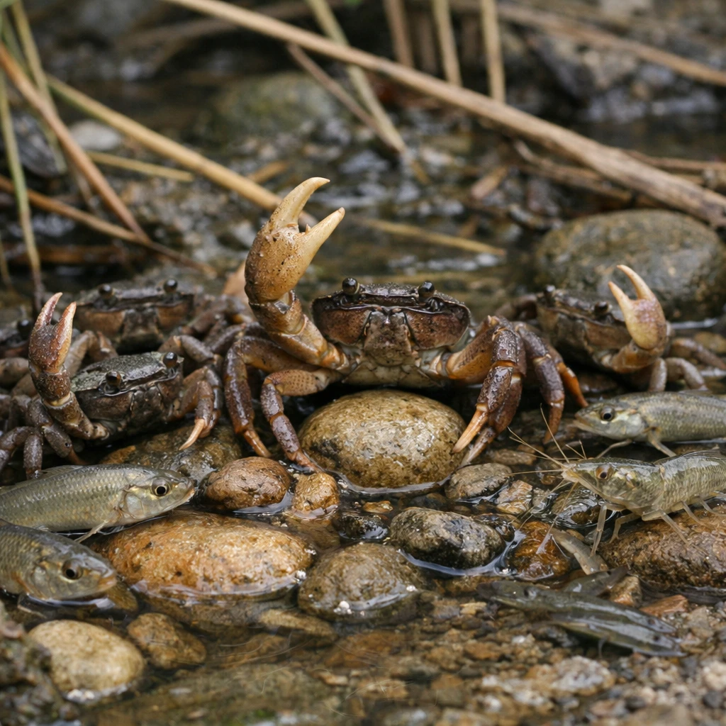 川底の石や葦の間で多数のサワガニや小魚、エビが集まり、一部のカニがはさみを高く掲げている写真です。