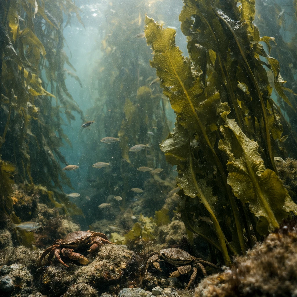 海底のワカメ森で、光が差し込む中を稚魚やカニがワカメの間に集まっている様子の写真。