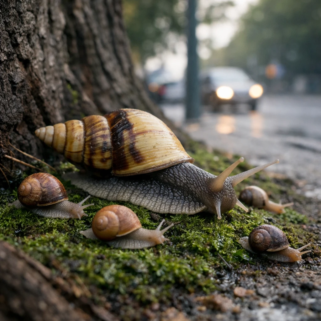 早朝の街路樹の下、苔の上をさまざまな色や大きさのカタツムリがゆっくり移動している写真。