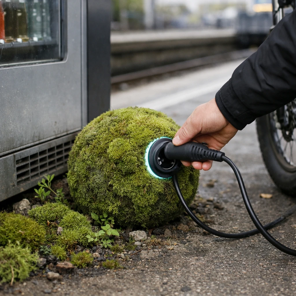 駅のホームの自販機横に設置された苔に覆われた量子AI充電ステーションと、そのそばでE-bikeを充電する人の場面。