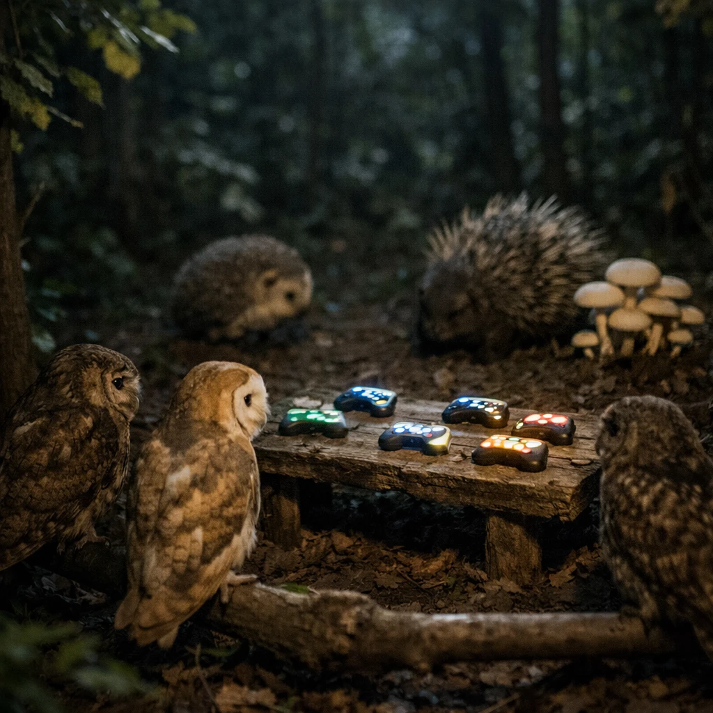 月明かりが差し込む森の中で、フクロウたちが枝に並び、小さな発光するゲームコントローラーを囲んでいる様子。