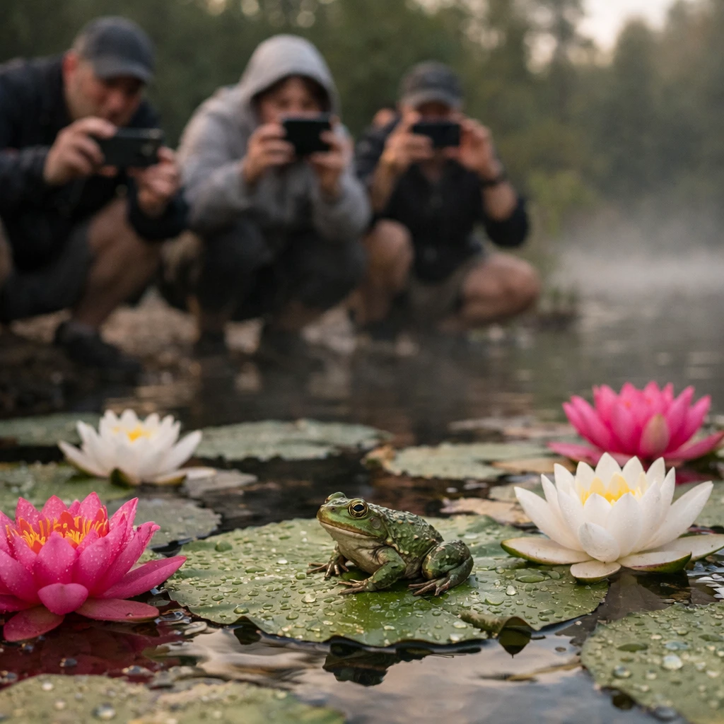 早朝の池で、咲き揃った睡蓮の花や葉の上にカエルが乗り、池の縁でスマートフォンを構える人々が写る写真。