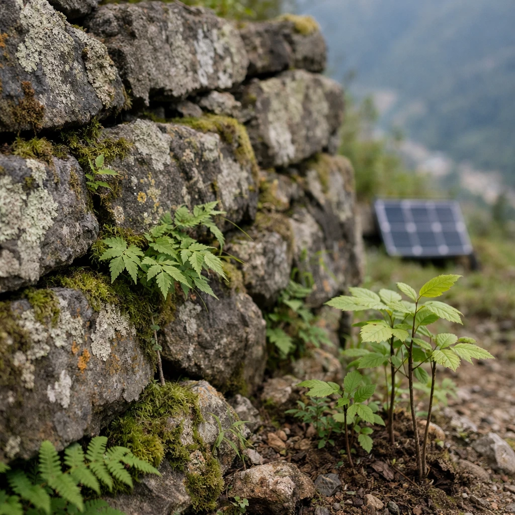 山腹に築かれた古い石垣に、コケや地衣類が生い茂り、間近には苗木や小型ソーラーパネルも見える風景。