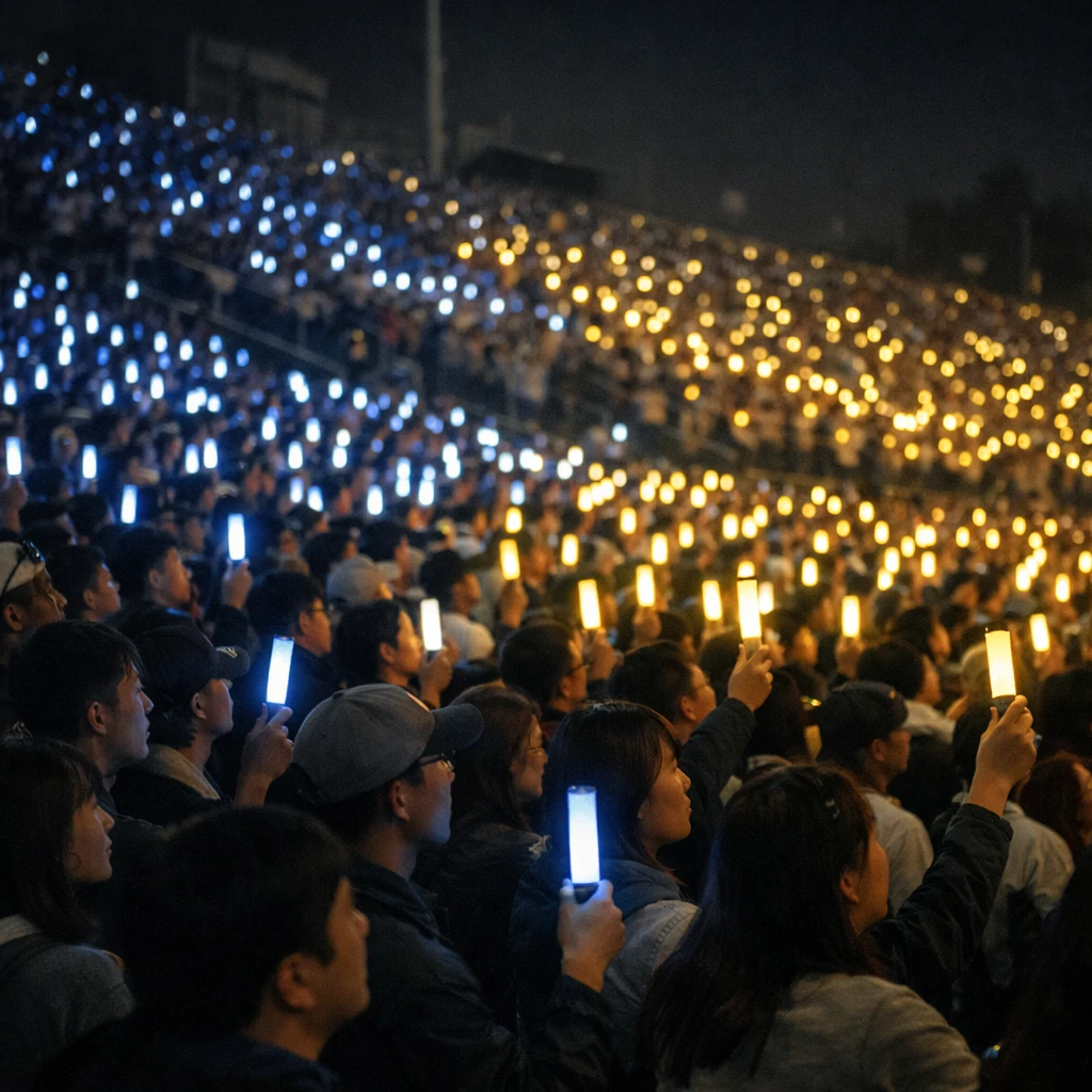 夜の屋外イベント会場で数千人がペンライトを振り、色とりどりの光が群衆の顔を照らしている様子の写真。