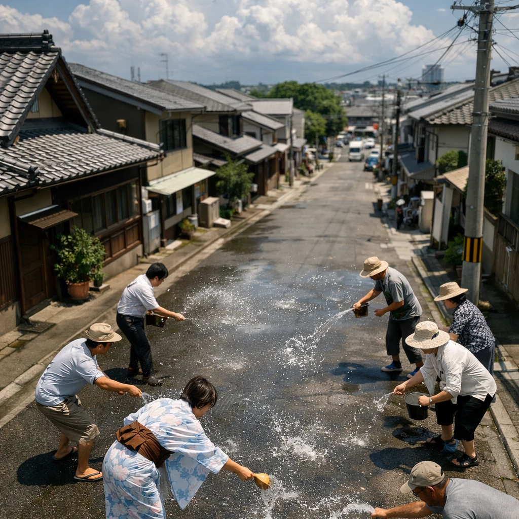 夏の日差しの下、アスファルト道路に打ち水をする人々を上空からとらえた写真。