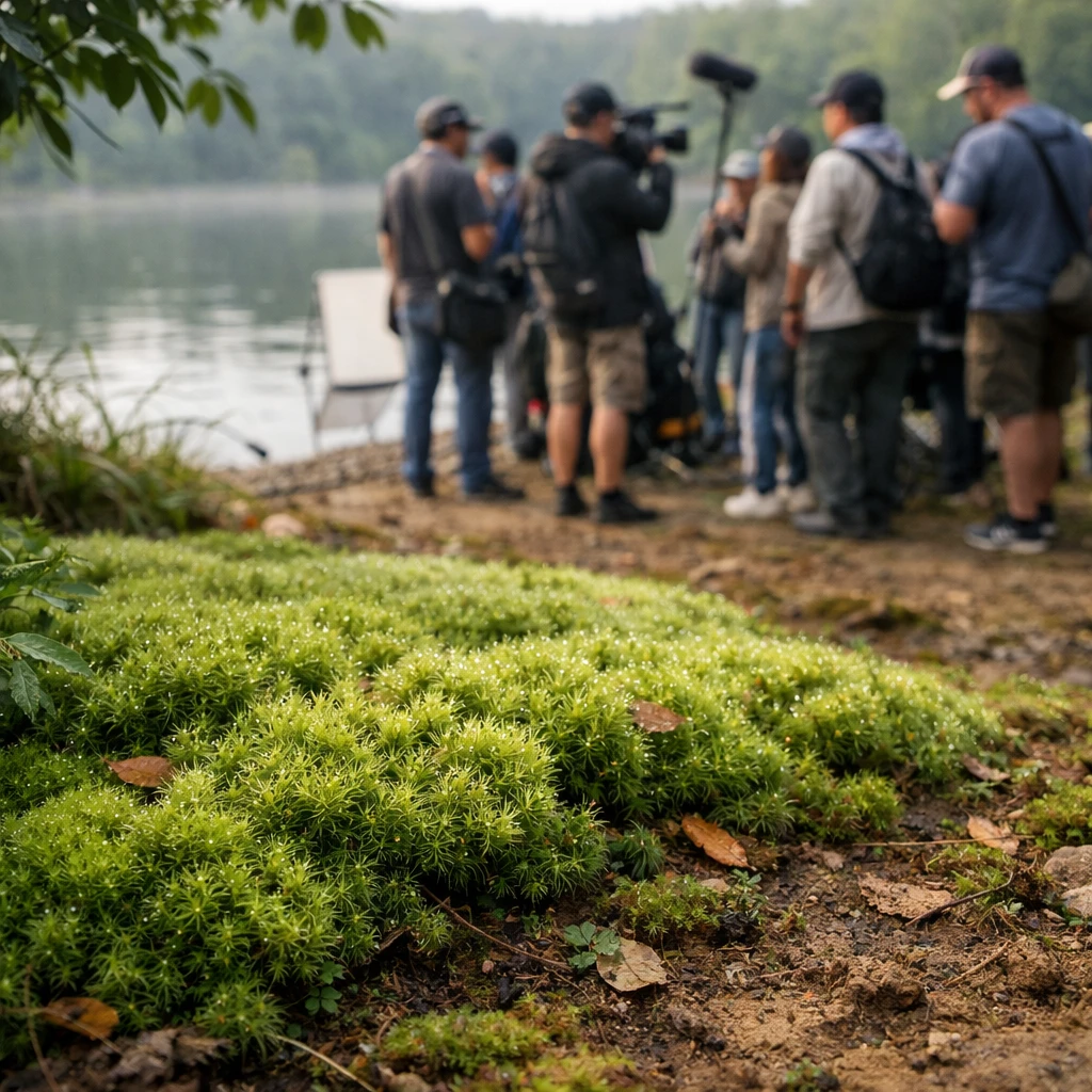 湖畔の杉苔の群生と、テレビドラマ撮影中の人々が背景にいる様子のリアルな写真。